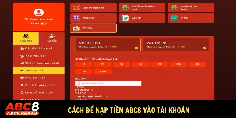 TRANG CHỦ 40 Cách để nạp tiền ABC8 vào tài khoản