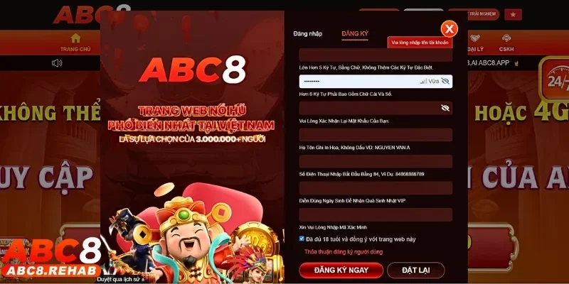 Đăng Ký abc8 2 Người chơi điền đầy đủ thông tin cá nhân theo yêu cầu của nhà cái