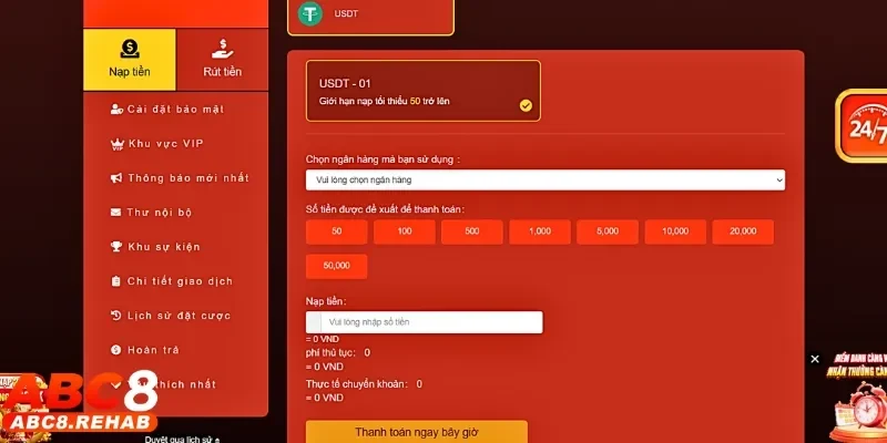 Nạp Tiền abc8 3 Chọn vào hình thức nạp tiền USDT và làm theo yêu cầu