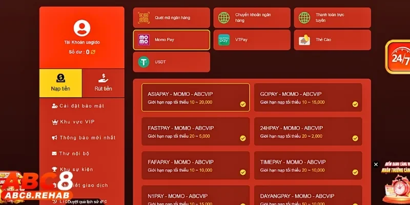 Nạp Tiền abc8 2 Thành viên chọn vào ví momo và thực hiện theo trình tự các bước