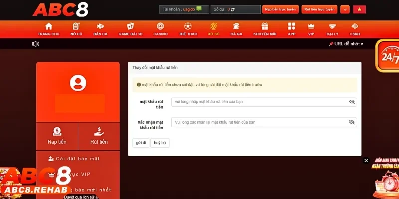 Rút Tiền abc8 2 Thành viên tiến hành tạo mật khẩu rút tiền trước khi tạo lệnh